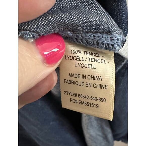 BELLA DAHL Tencel Lyocell Denim Chambray Split Raw Hem Shirt Dress Tab Sleeve M - Picture 7 of 7